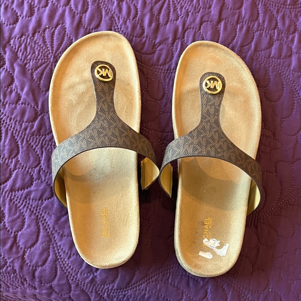 Michael Kors Gold and Brown Slide Sandals
